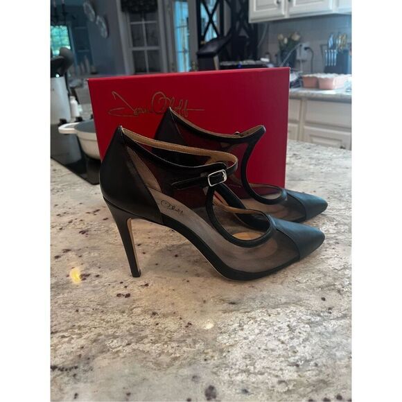 Joan Oloff Rebecca Black Leather & Mesh Ankle Strap Perfect Heel NIB Formal - Picture 1 of 8